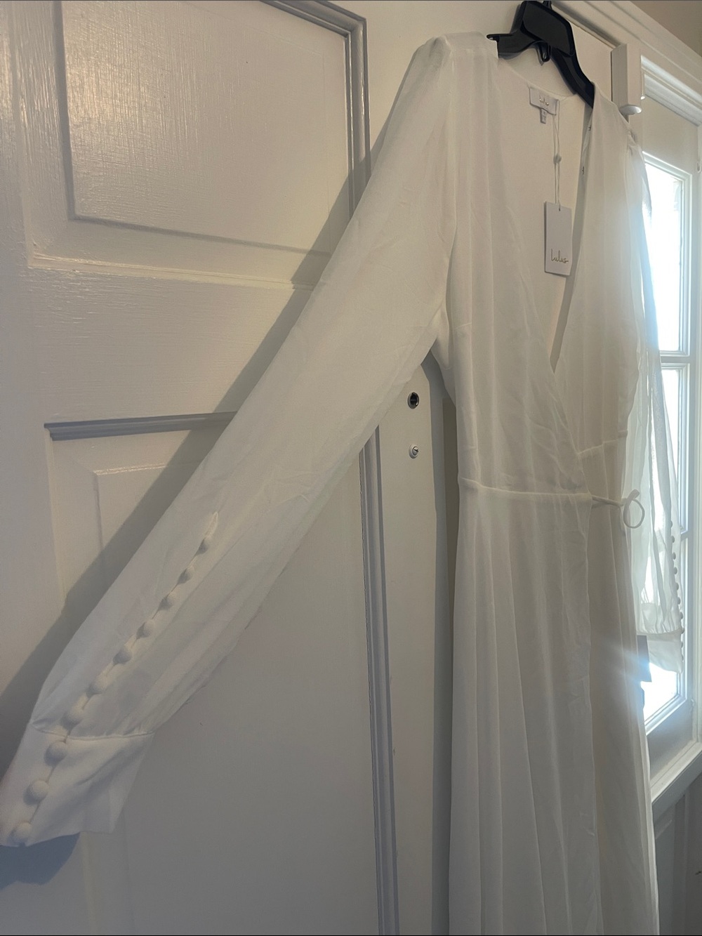 Lulu's Elegant White Wrap Maxi Dress with Long Sleeves - Picture 3 of 5